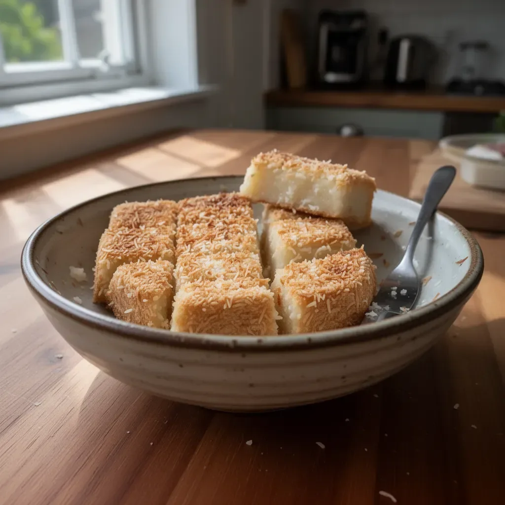 Delicious Coconut Mochi Cake topped with coconut flakes and served on a plate.