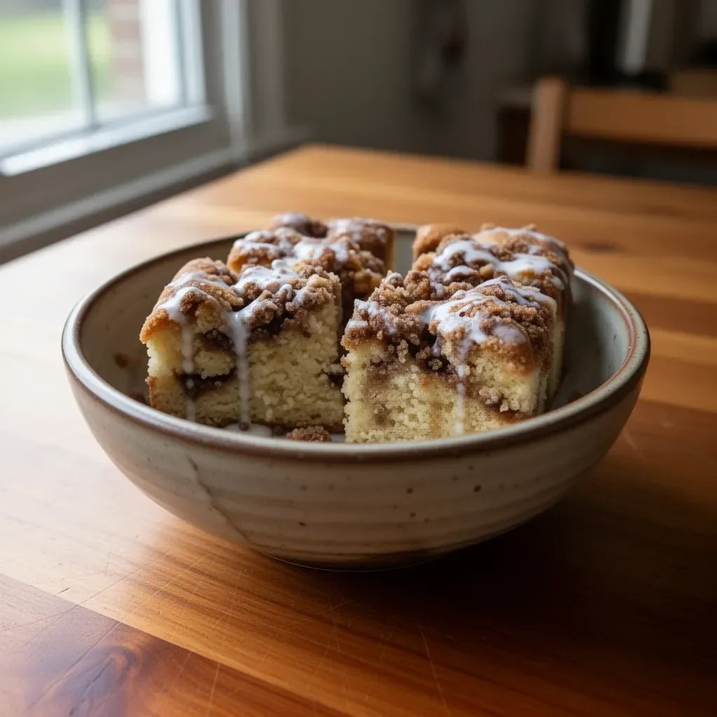 Delicious homemade coffee cake served on a plate with coffee