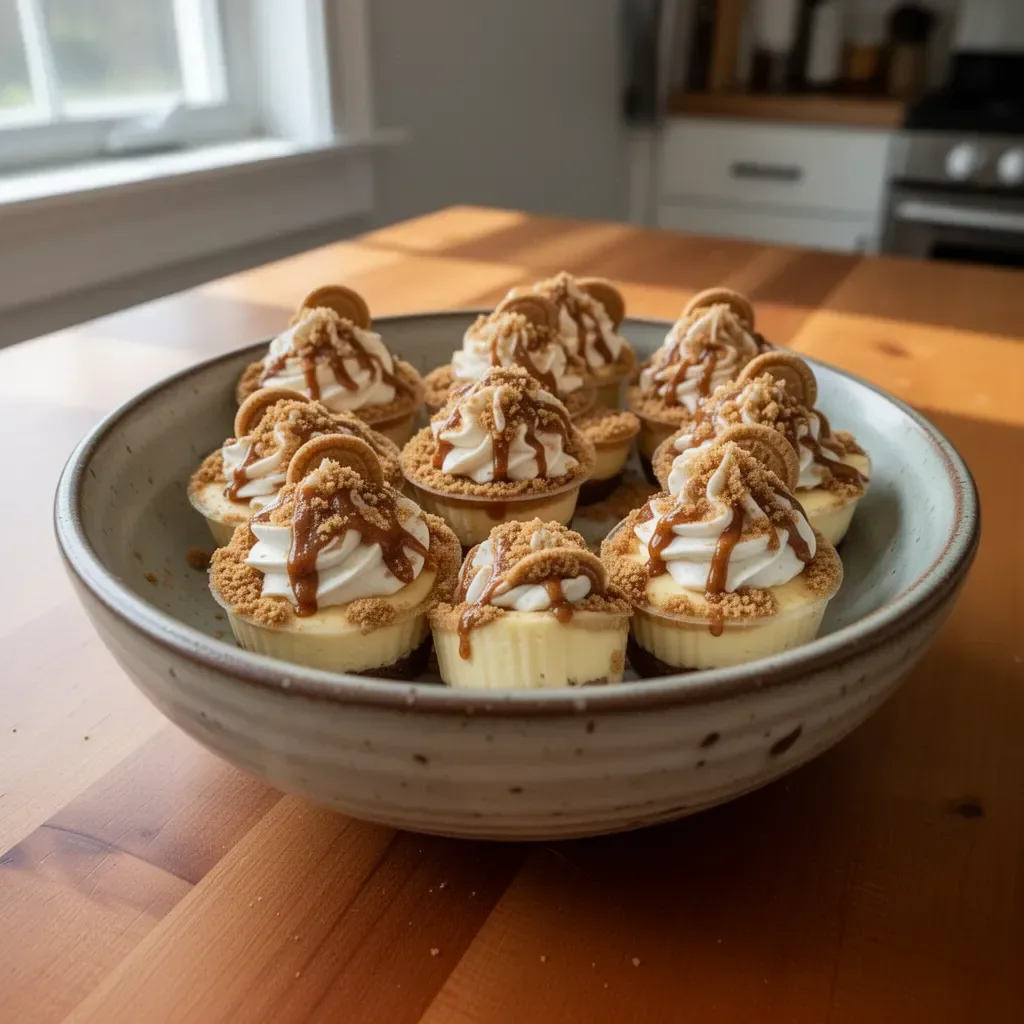 Delicious cookie butter cheesecake cups topped with whipped cream and cookie crumbles.