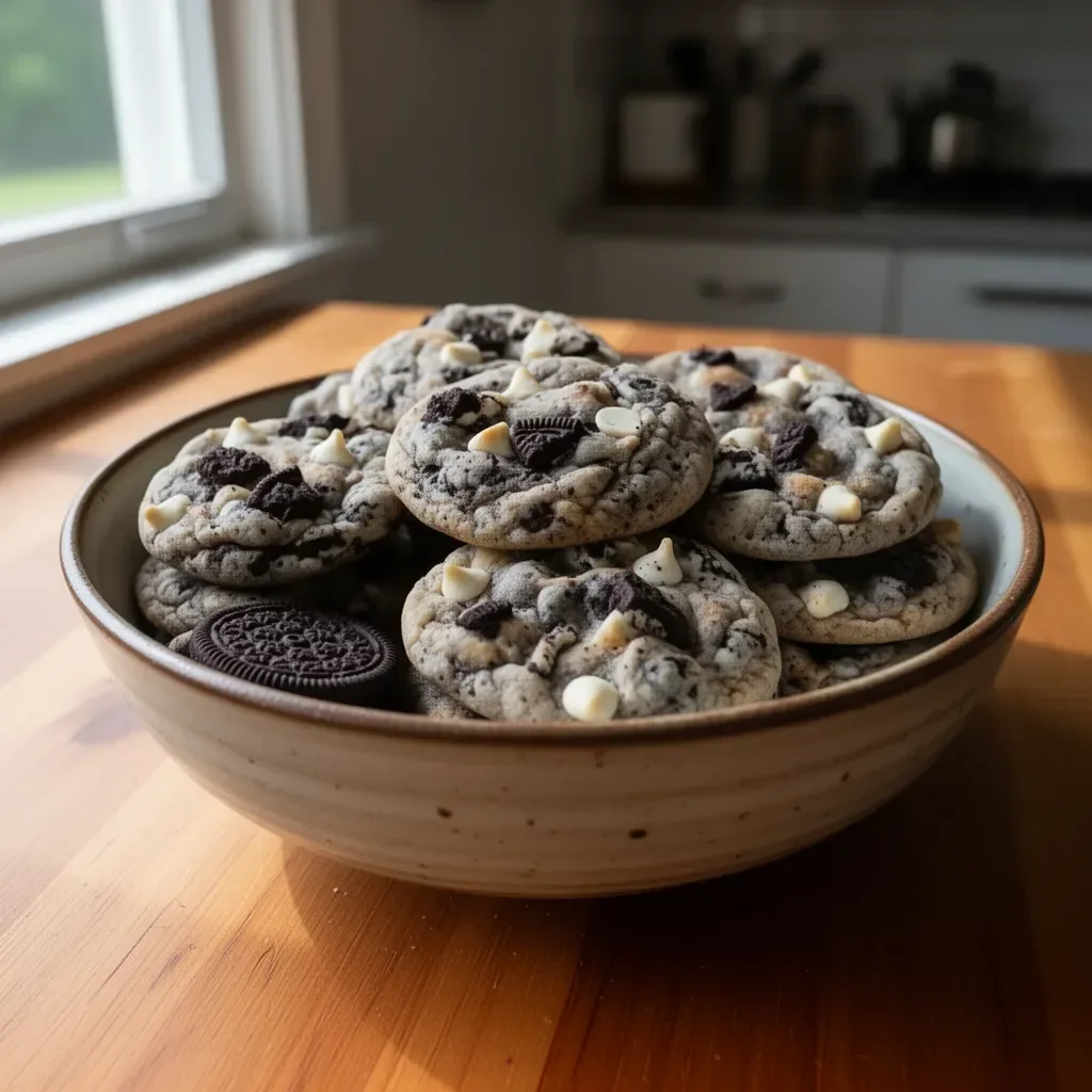 Delicious Cookies and Cream Cookies stacked on a plate