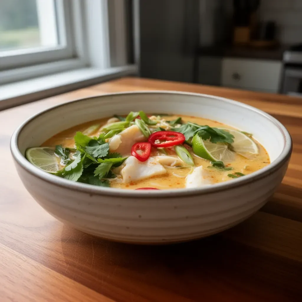 Creamy coconut lime fish soup garnished with herbs in a bowl.