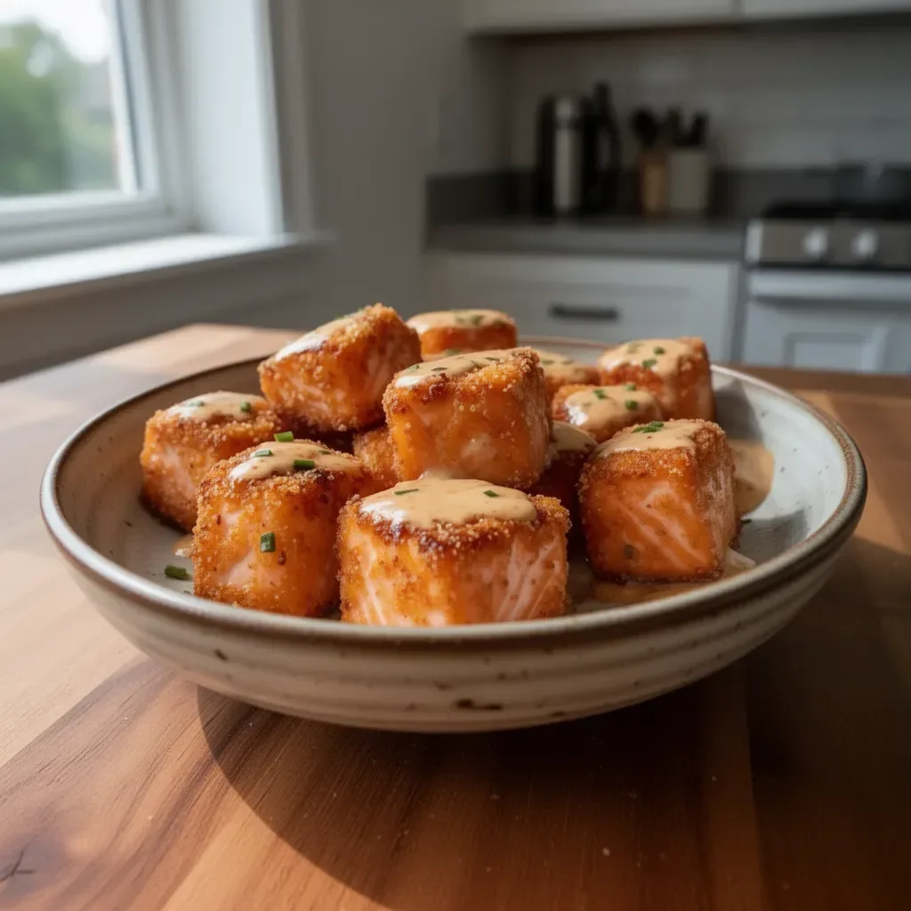 Crispy Bang Bang Salmon Bites served with dipping sauce