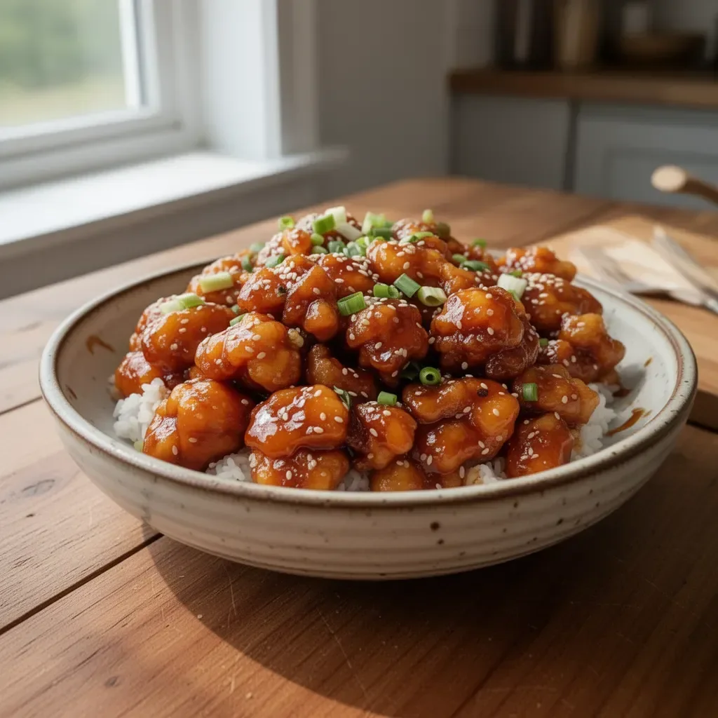 Crispy honey garlic chicken served on a plate with fresh herbs.