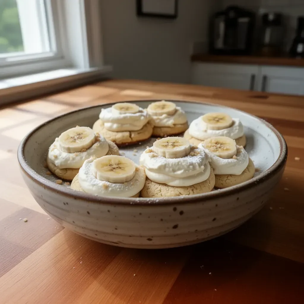 Crumbl Banana Cream Pie Cookies decorated with banana slices and cream