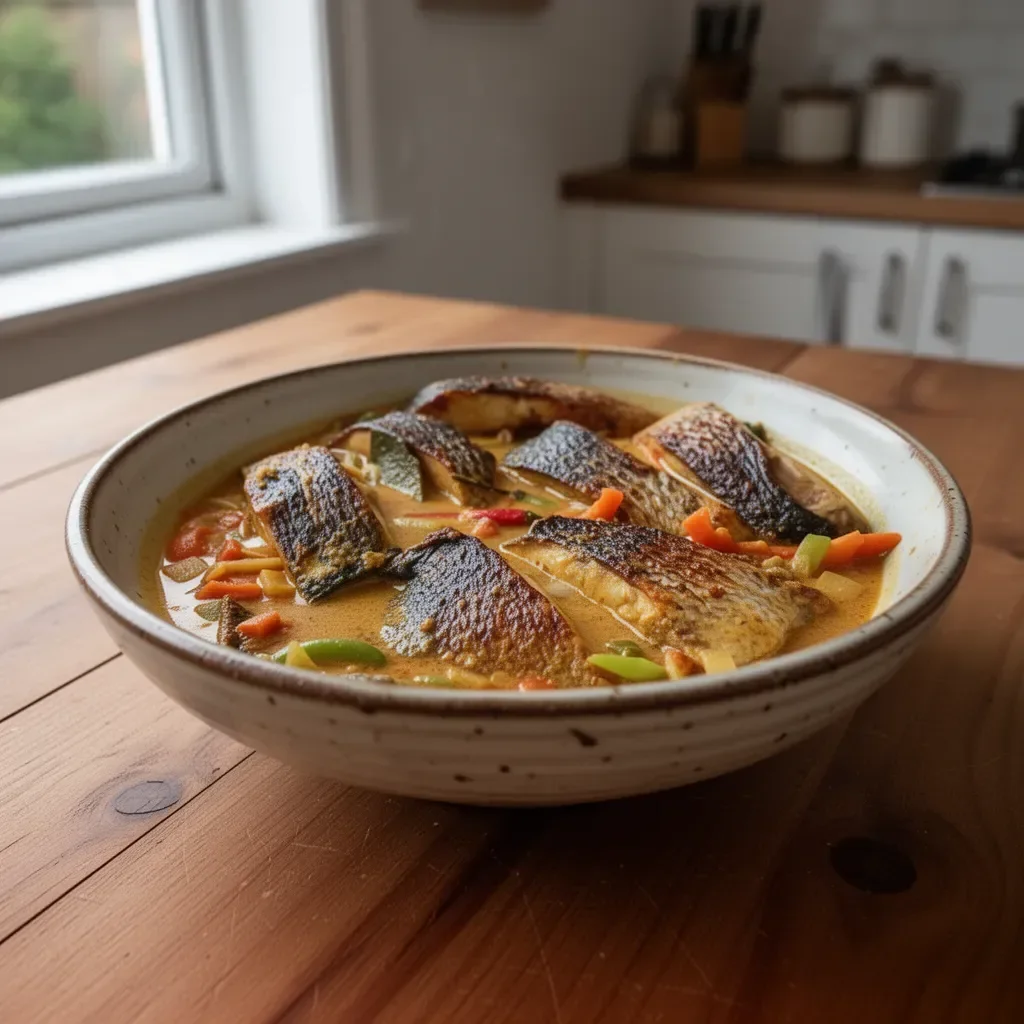 Delicious bowl of curry fish with spices and vegetables