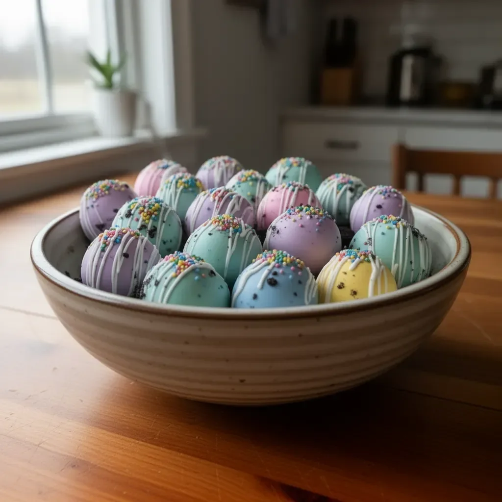 Easter Egg Oreo Balls decorated with colorful sprinkles