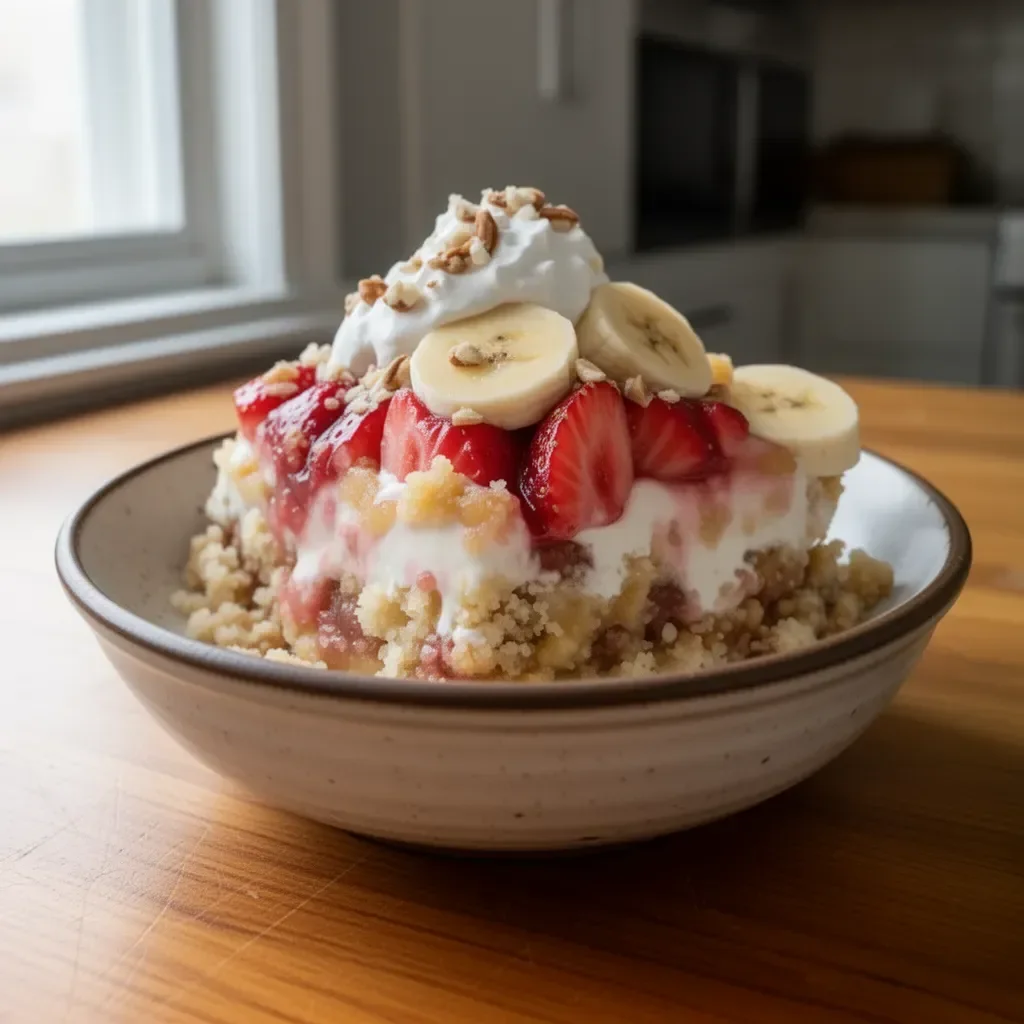 Delicious easy banana split dump cake ready to serve