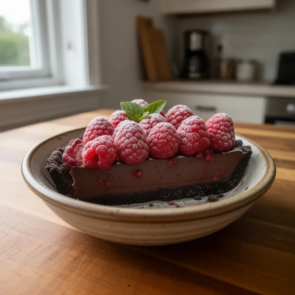 Delicious easy chocolate raspberry tart with fresh raspberries on top