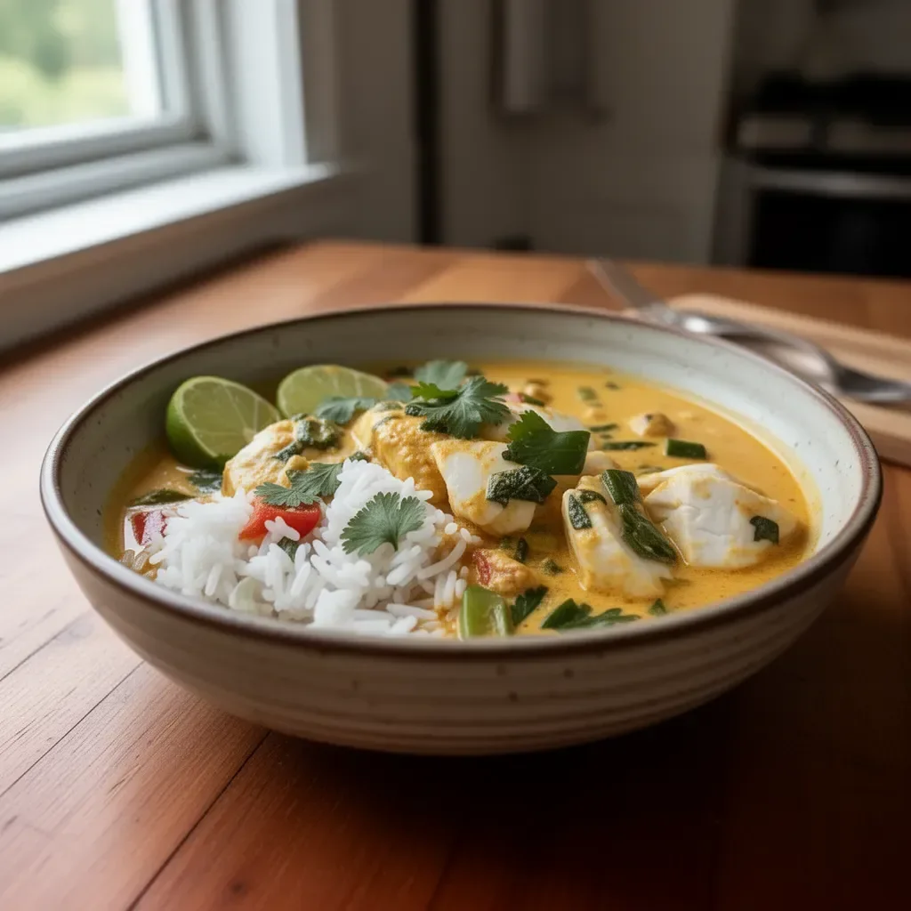 Bowl of coconut lime fish curry served with jasmine rice and fresh herbs