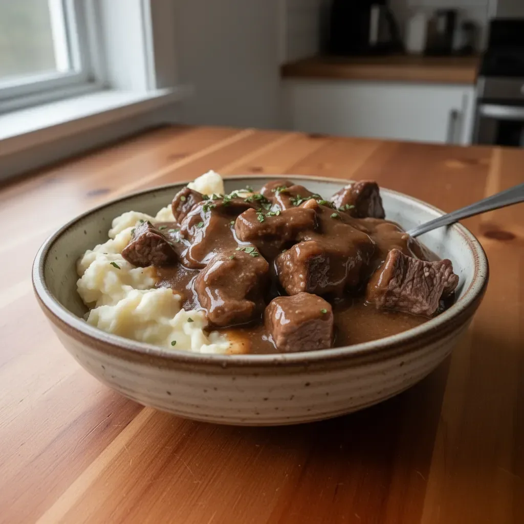 Easy crock pot beef tips and gravy served in a bowl with herbs on top.