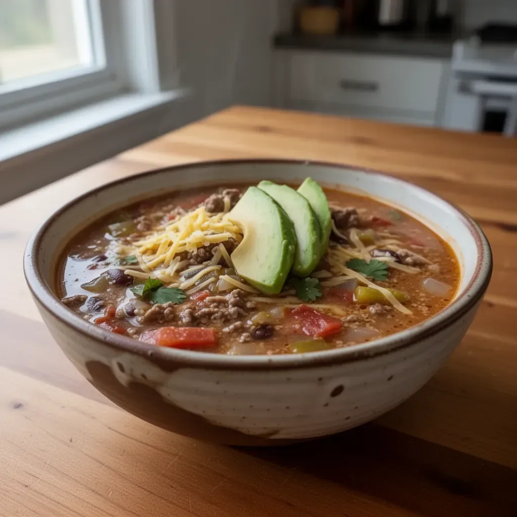 Bowl of Easy Ground Venison Taco Soup with fresh toppings