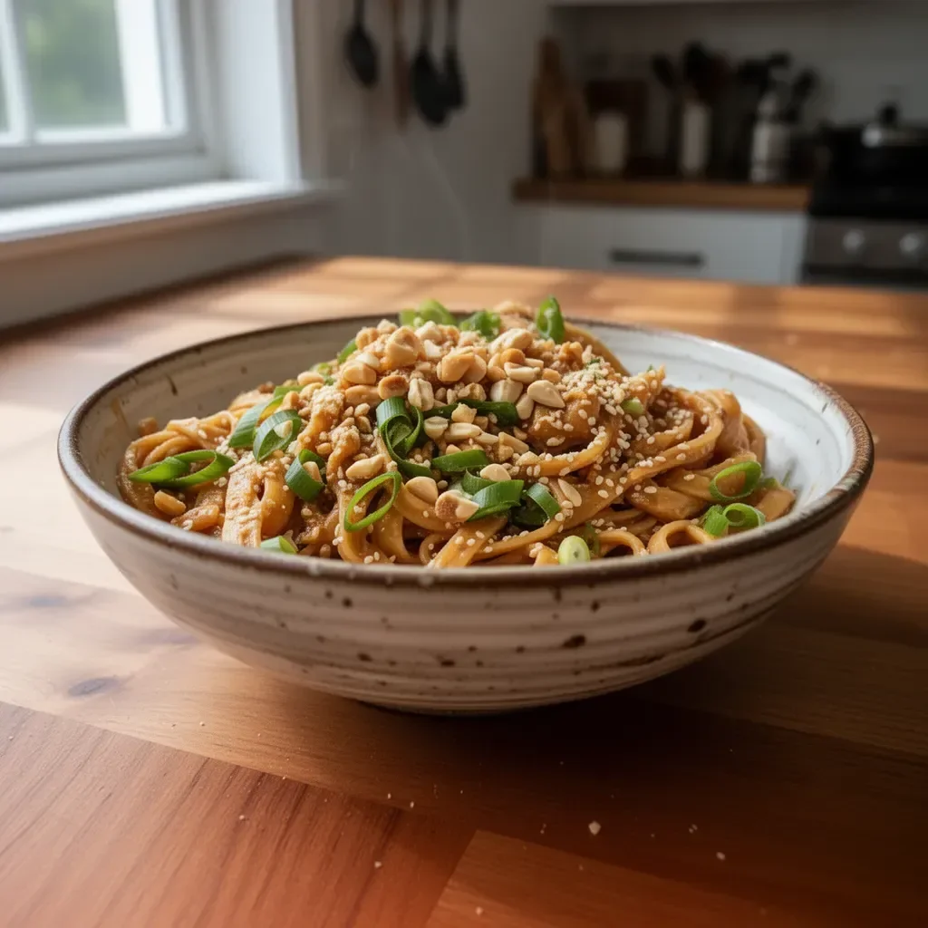 Bowl of easy peanut noodles garnished with vegetables and peanuts