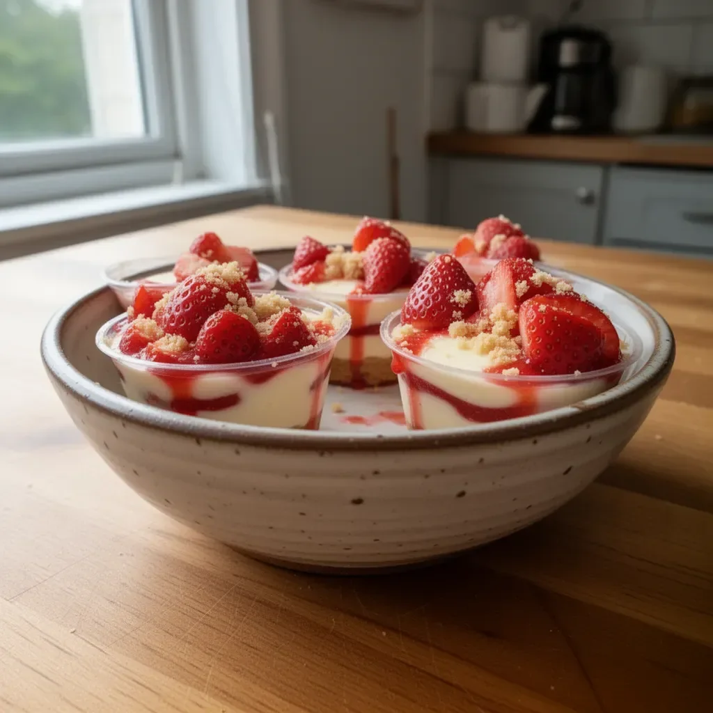 Delicious easy strawberry cheesecake cups in vibrant serving dishes