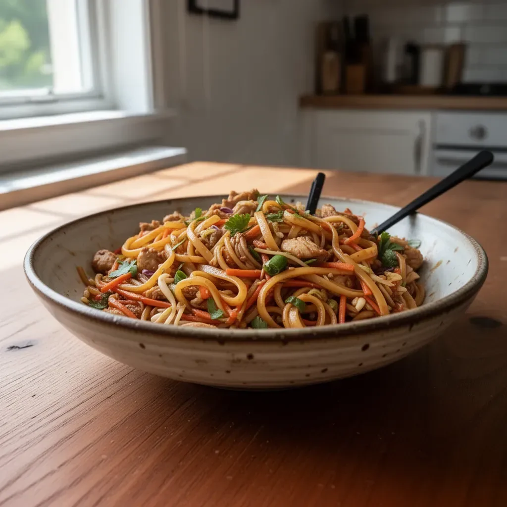 Plate of easy Thai noodles garnished with vegetables and herbs