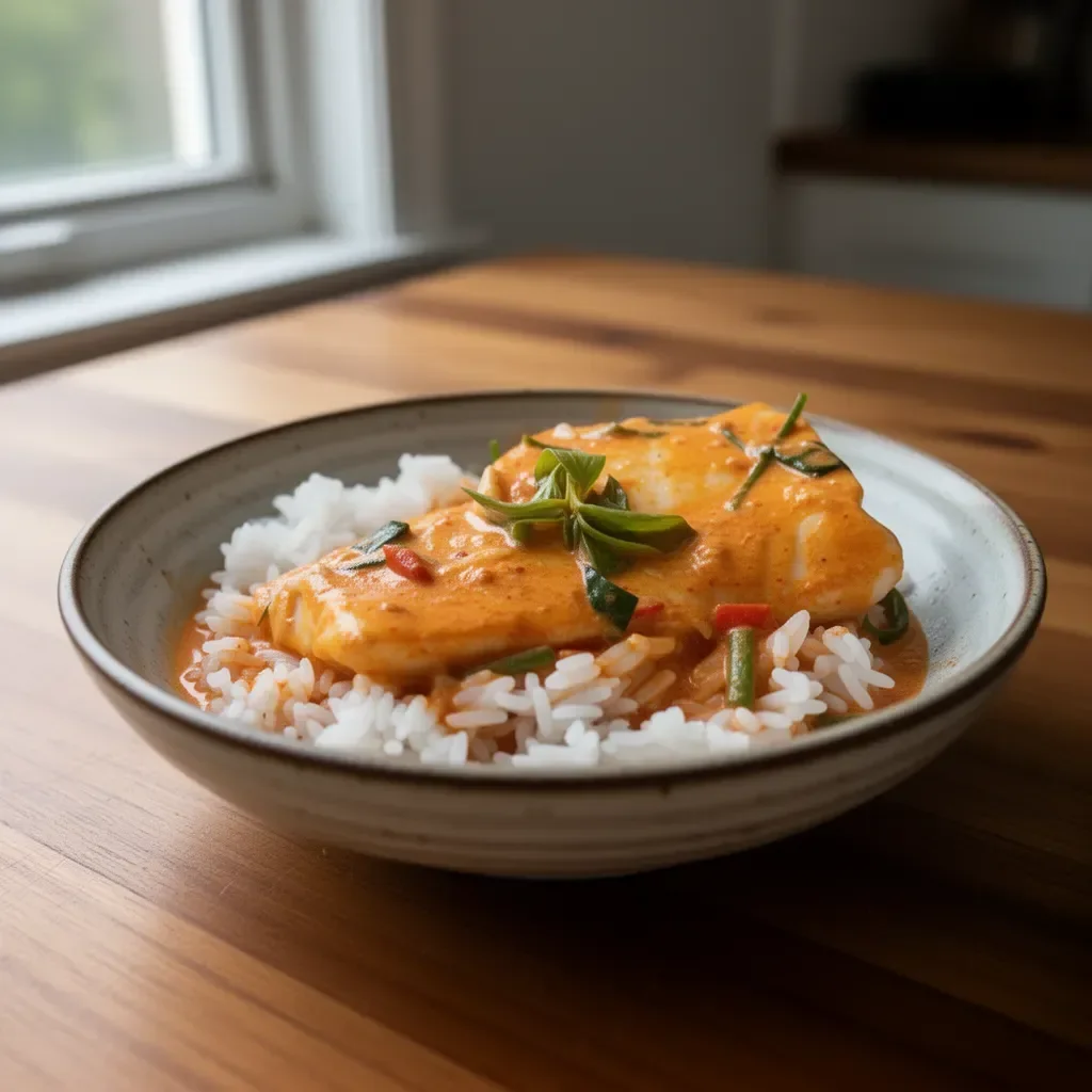 Delicious Thai Red Curry Cod served with rice and fresh herbs