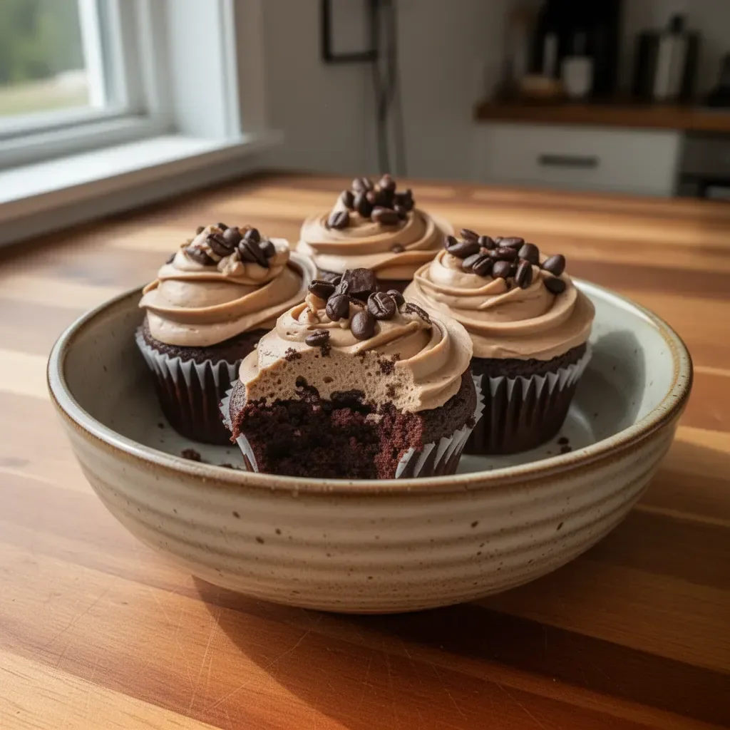 Delicious espresso cupcakes with creamy espresso frosting on a plate