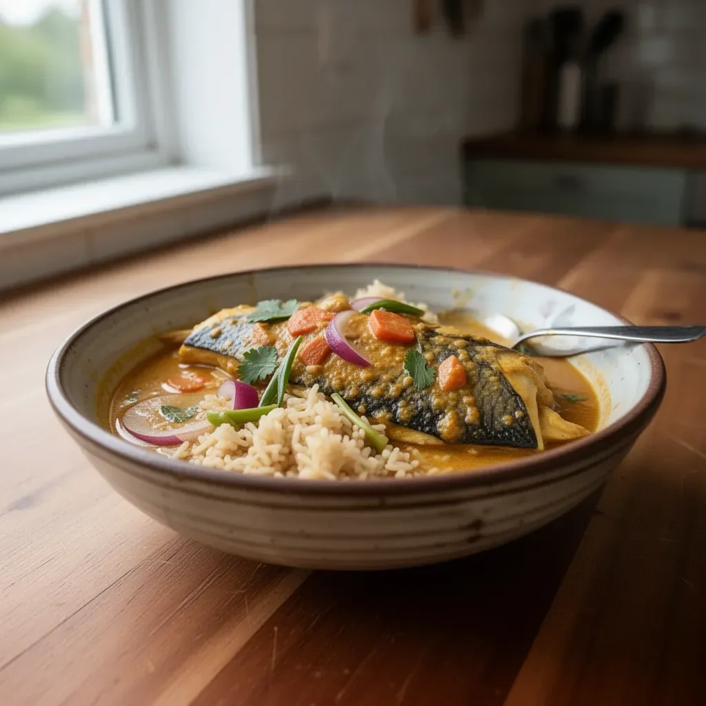 Delicious homemade Fish Curry served in a bowl with aromatic spices.