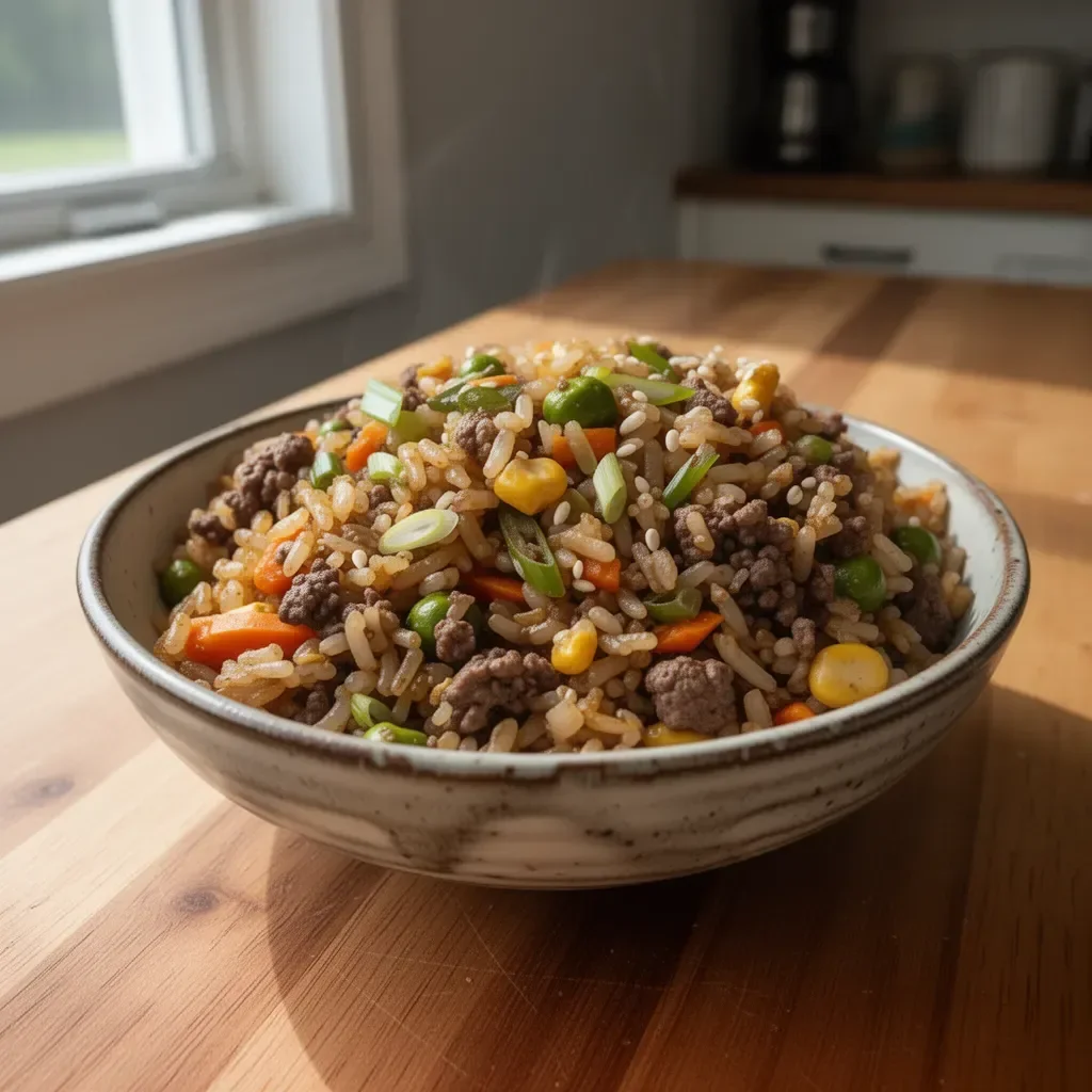 Delicious ground venison fried rice served with colorful vegetables and herbs
