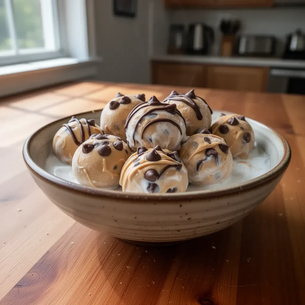 Frozen Greek yogurt peanut butter bites on a plate, topped with nuts.