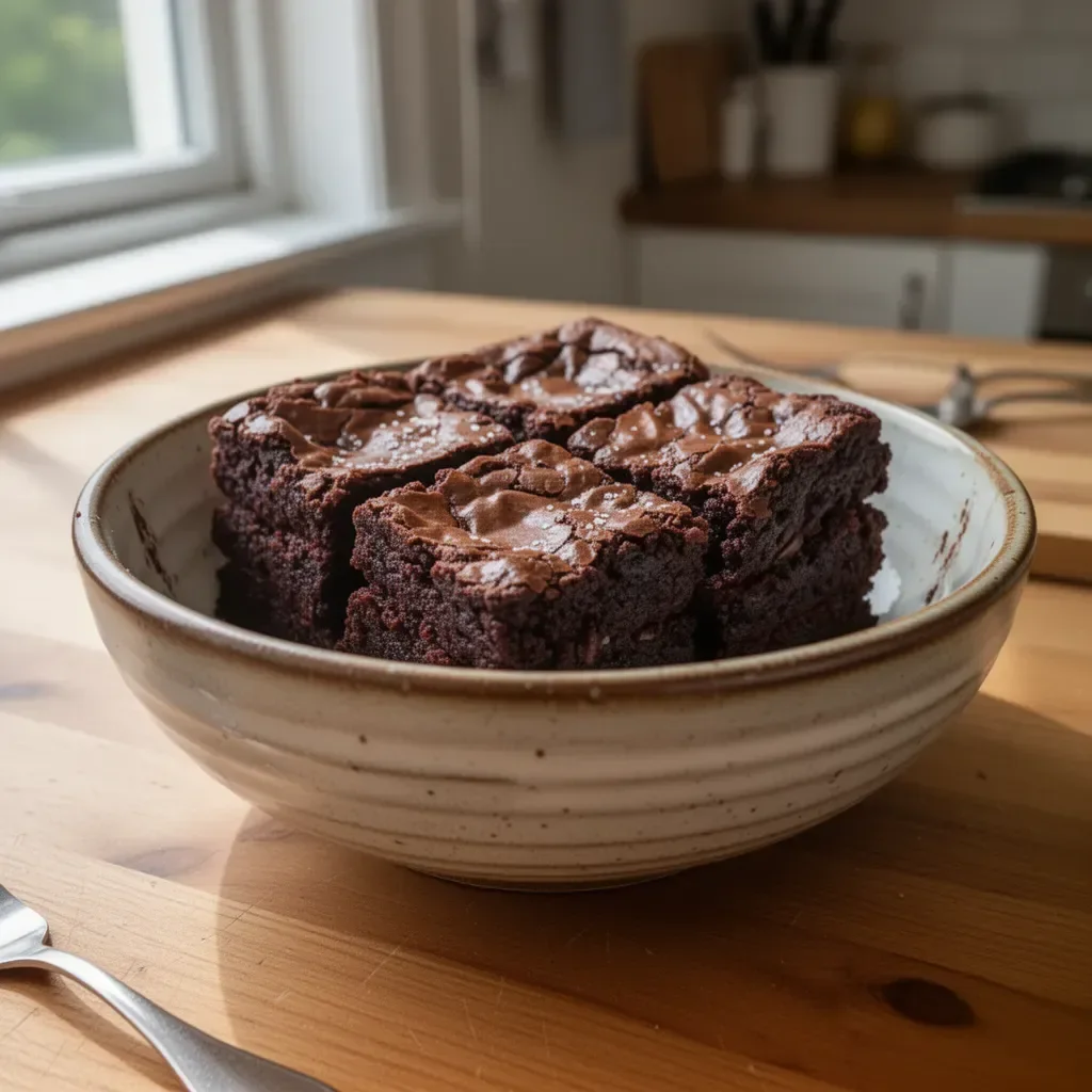 Fudgy chewy brownies dessert topped with chocolate chunks on a plate.