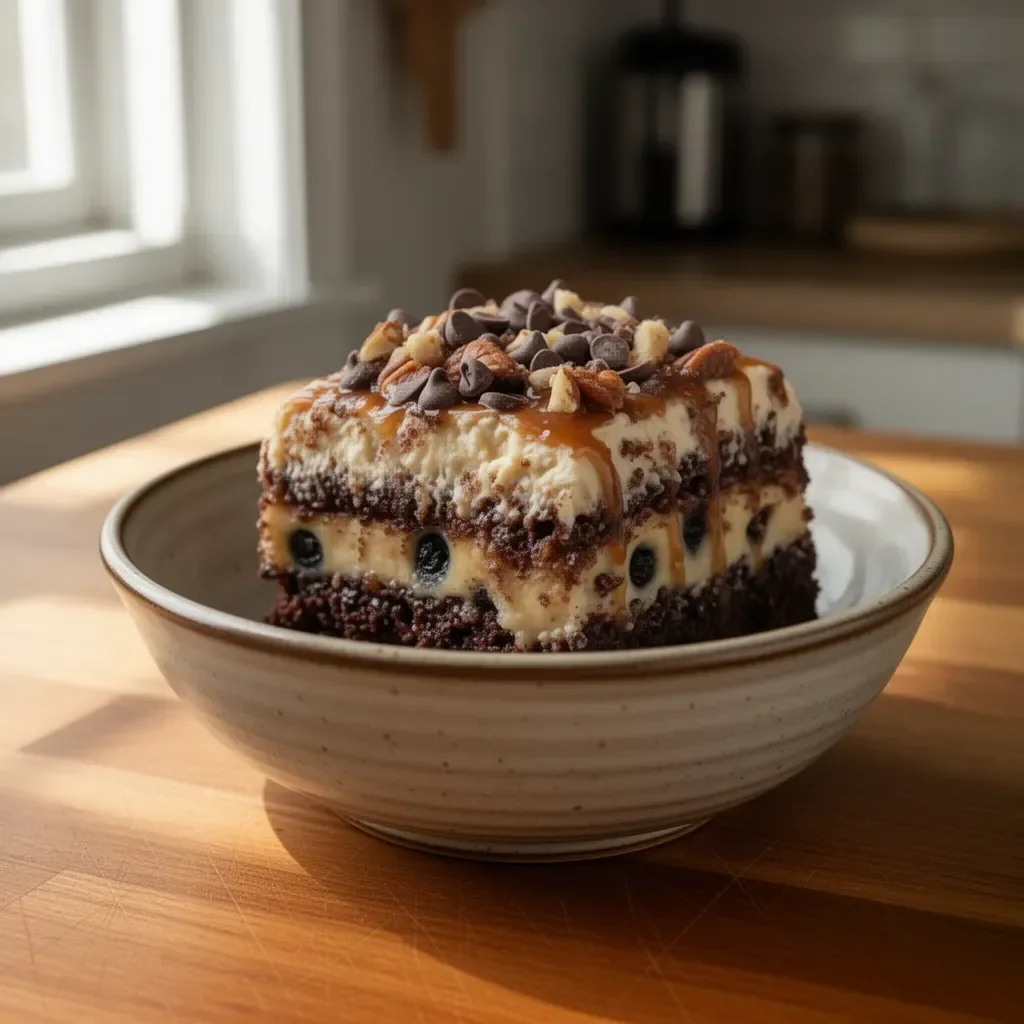 Slice of German Chocolate Poke Cake topped with chocolate frosting and coconut