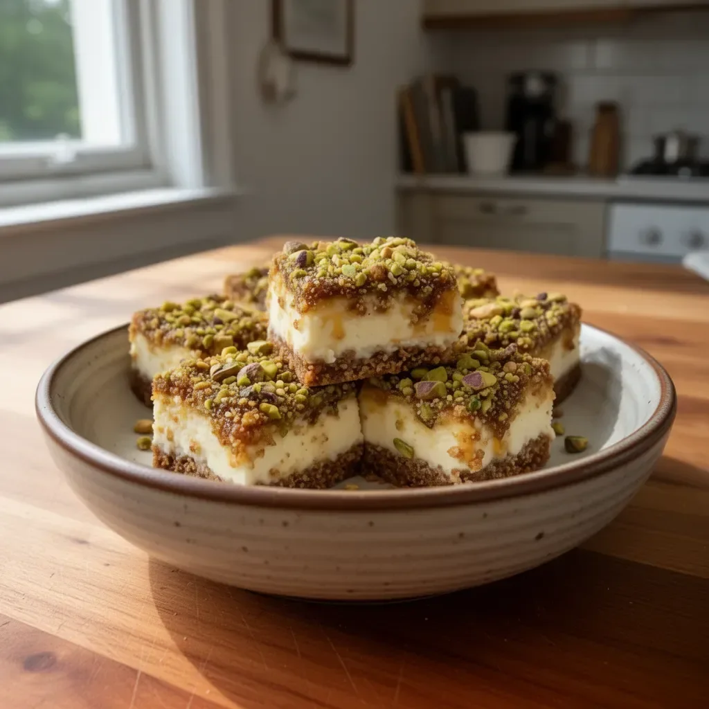 Greek Honey Pistachio Cheesecake Bars topped with crushed pistachios and drizzled with honey