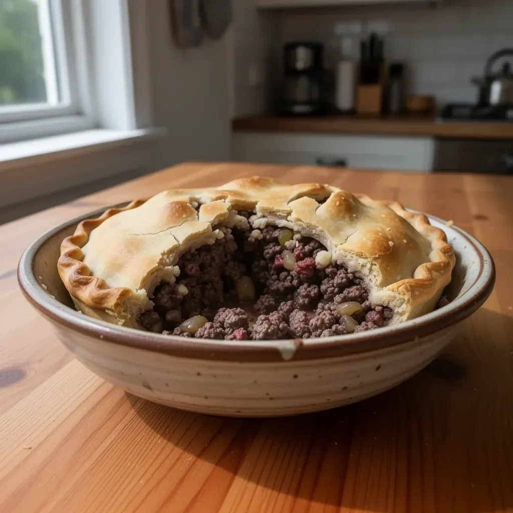 Ground venison meat pie fresh out of the oven topped with herbs