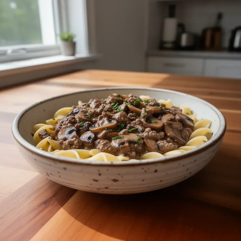 Delicious bowl of Ground Venison Stroganoff served with noodles