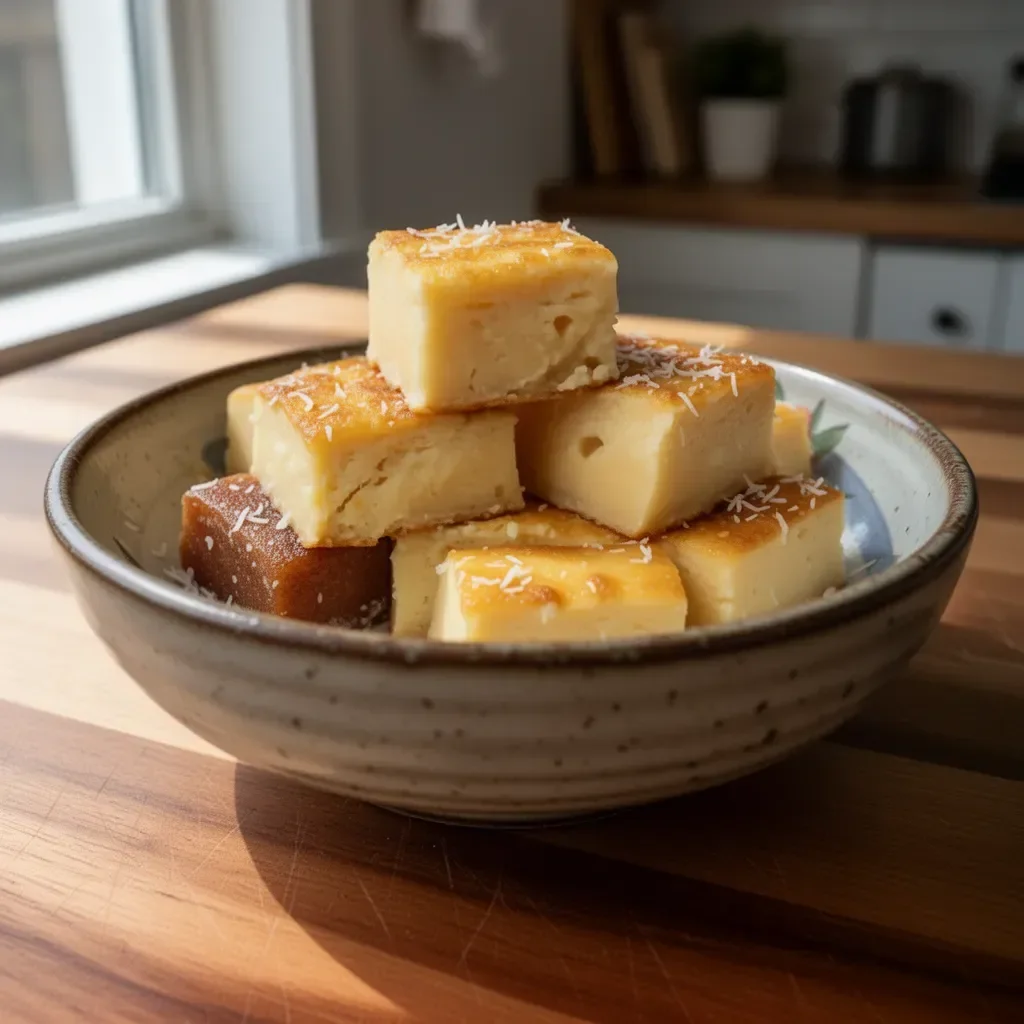 Hawaiian coconut custard mochi with a creamy filling and chewy exterior