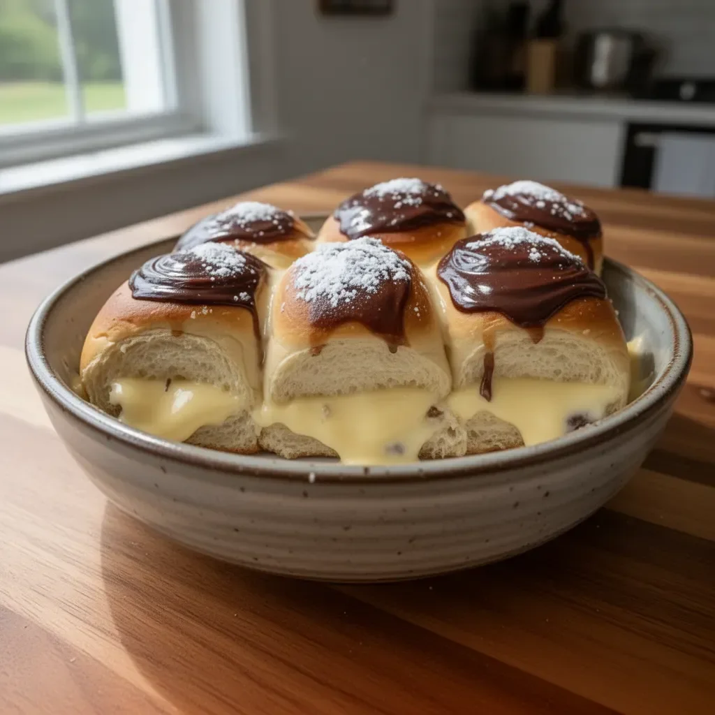 Hawaiian Rolls filled with Boston Cream Pie, a delightful dessert combination.