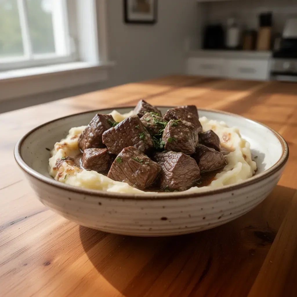 Healthy crock pot garlic butter steak bites served on a plate