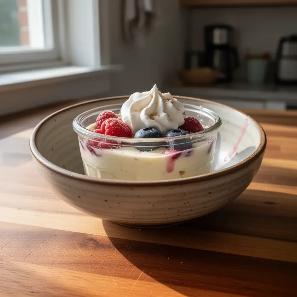 Healthy protein cheesecake jars with creamy texture and fresh toppings