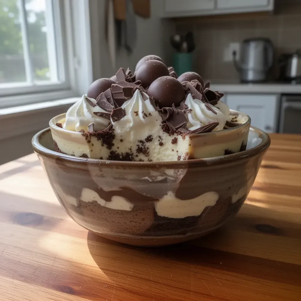 Heavenly Chocolate Cheesecake Trifle dessert with layers of chocolate and cheesecake.