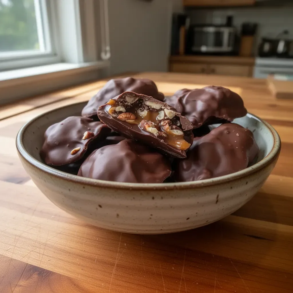 Delicious homemade chocolate turtles with caramel and pecans