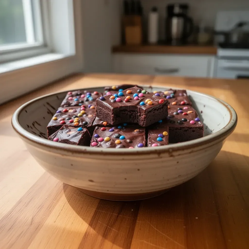 Homemade cosmic brownies topped with rainbow sprinkles and chocolate drizzle.