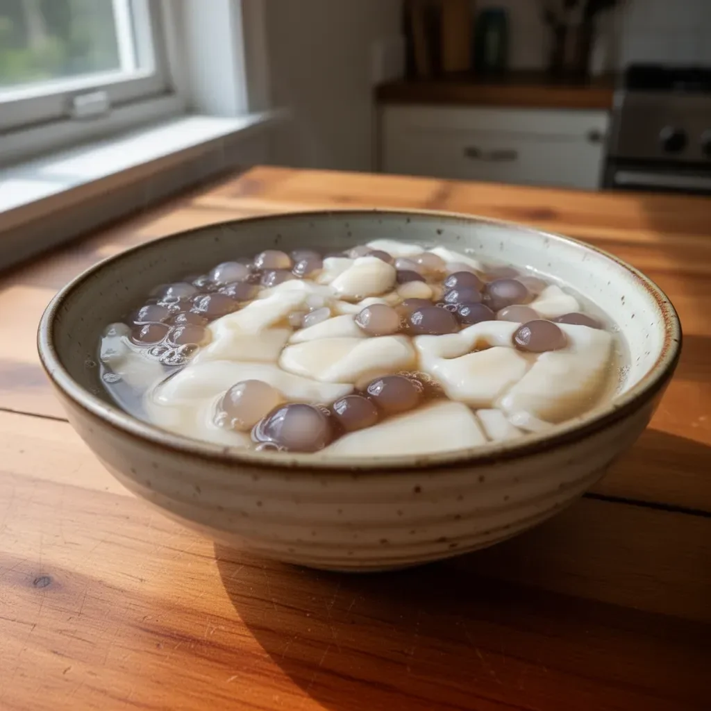 Delicious homemade taho in a bowl, featuring soft silken tofu and sweet syrup.