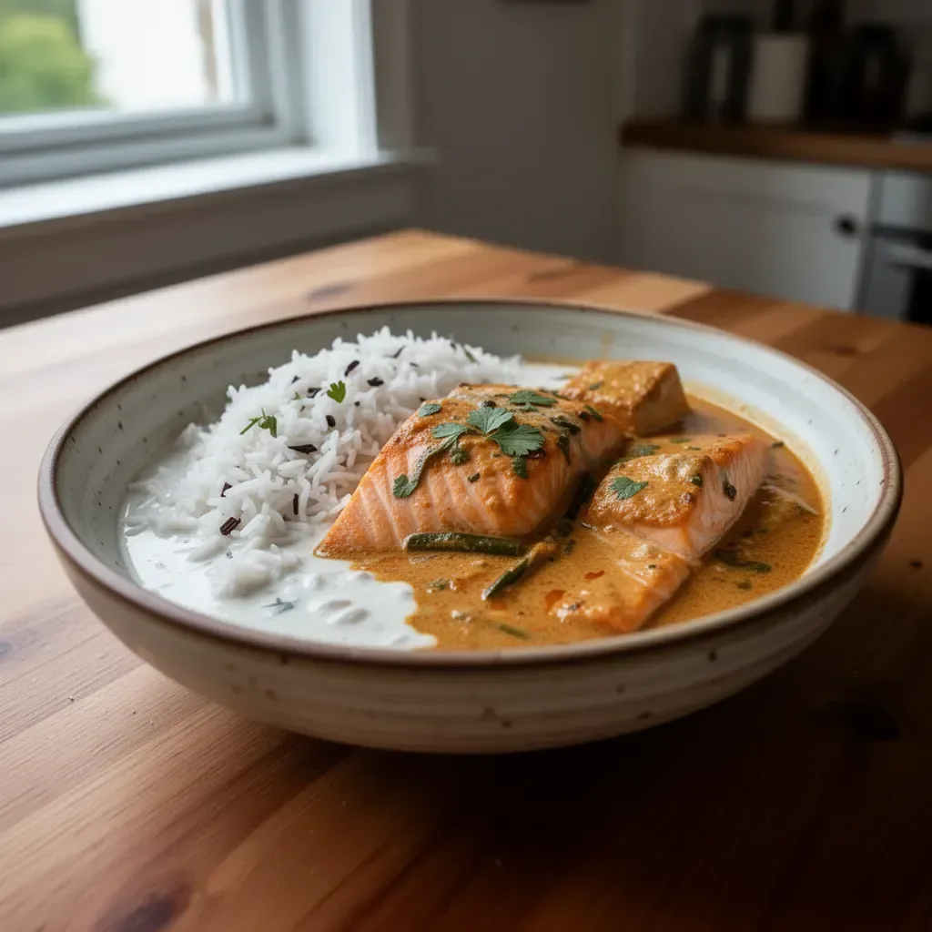 Delicious Indian-Style Salmon Curry cooked in creamy coconut milk