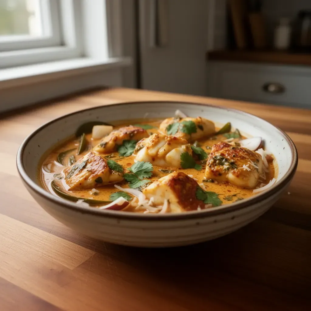 Bowl of irresistible coconut fish curry with fresh herbs and spices