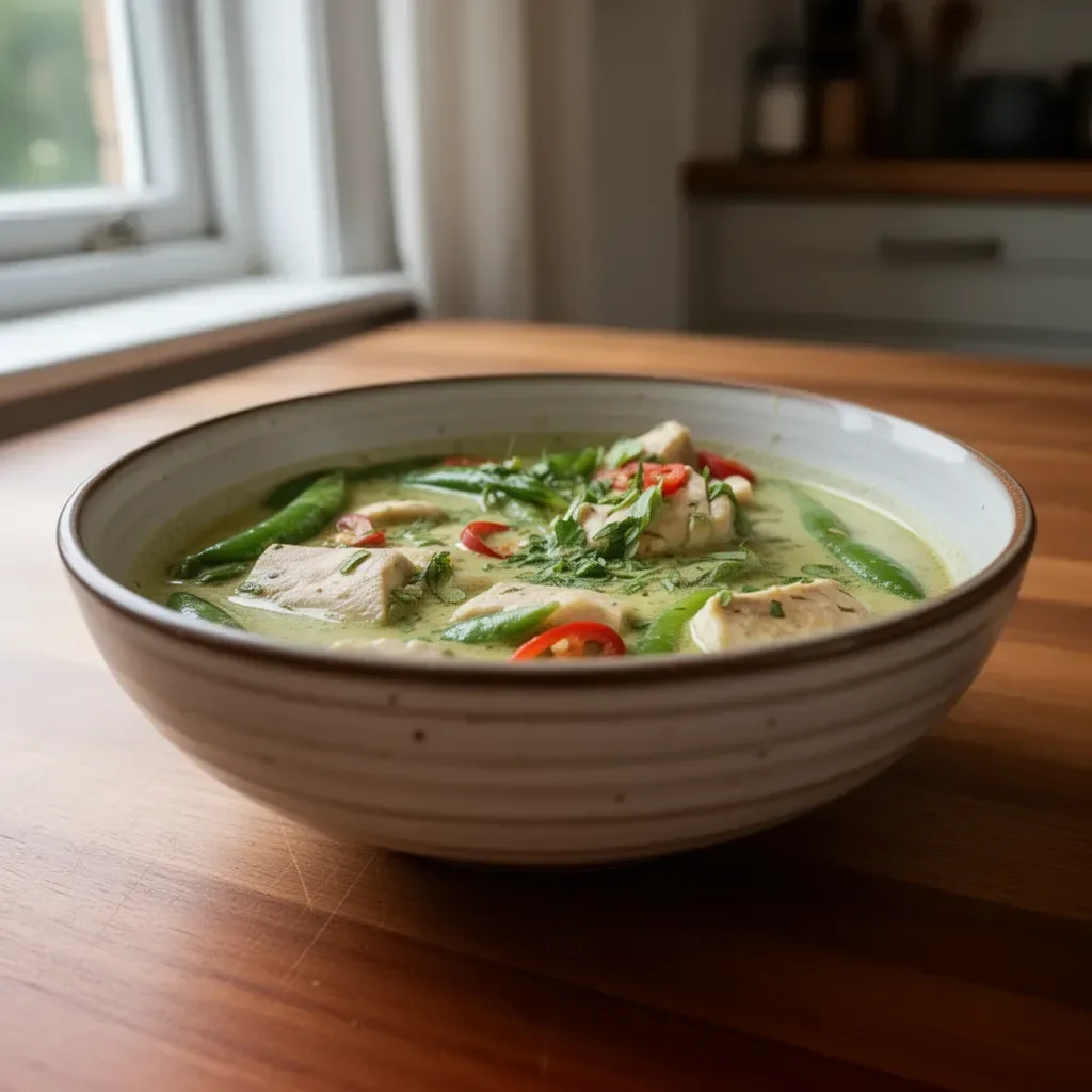 Delicious Jamie Oliver fish Thai green curry garnished with fresh herbs