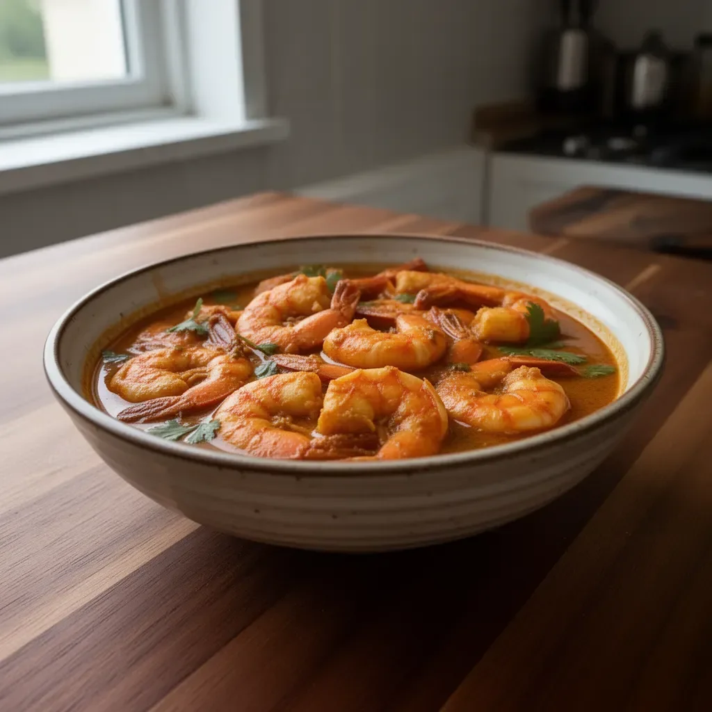 Delicious Kerala Prawn Curry served in a bowl with spices and herbs