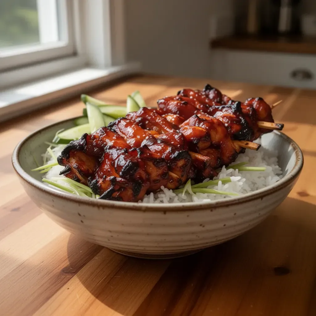 Grilled Korean BBQ Chicken Skewers with vegetables on a platter