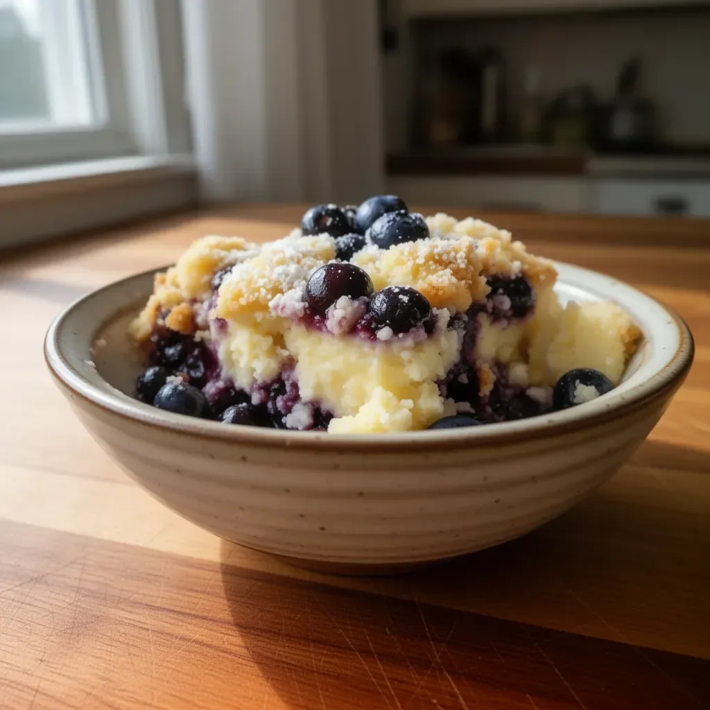 Delicious Lemon Blueberry Cheesecake Dump Cake served on a plate