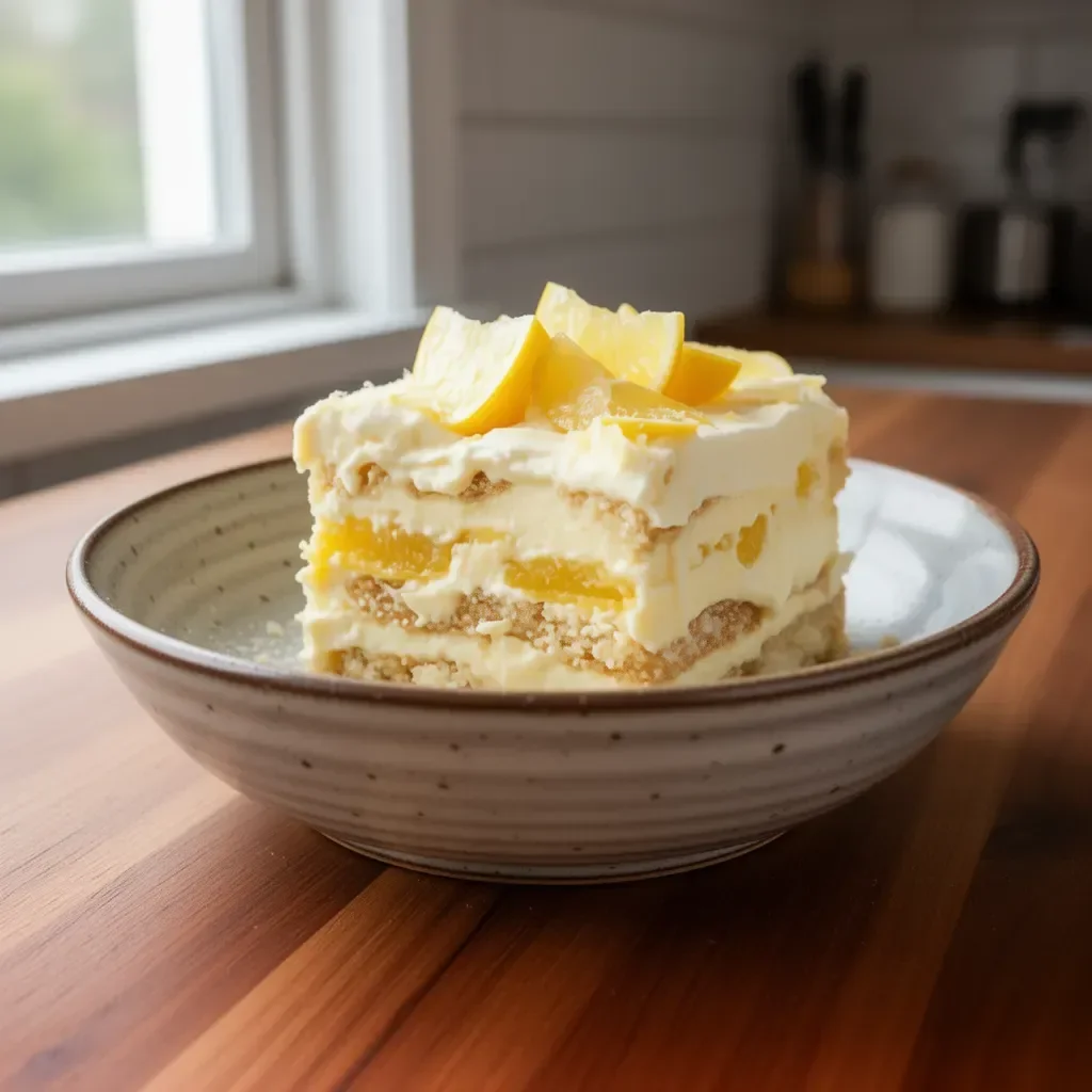 Delicious Lemon Tiramisu dessert served on a plate with lemon slices