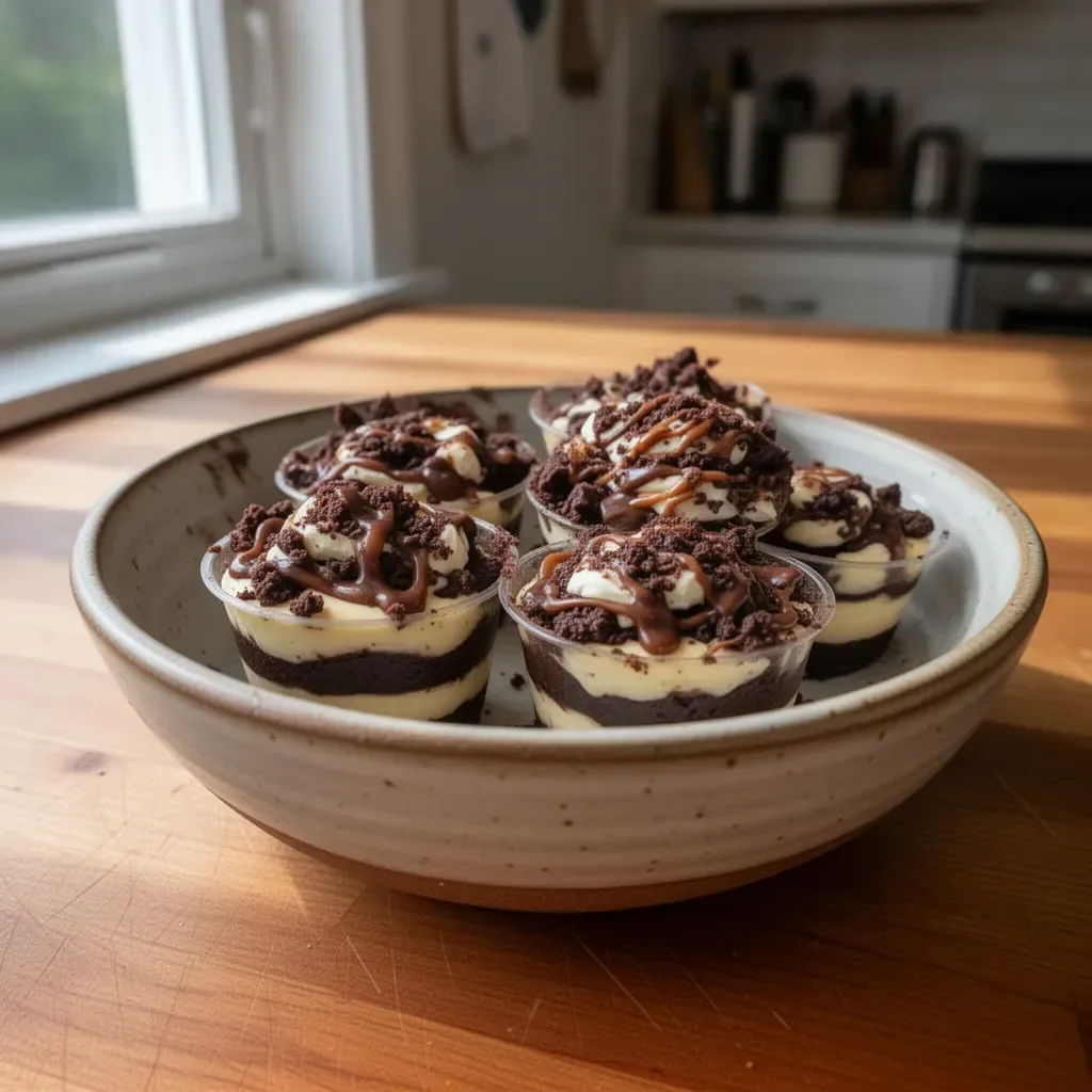 Delicious loaded brownie cheesecake cups topped with chocolate and whipped cream