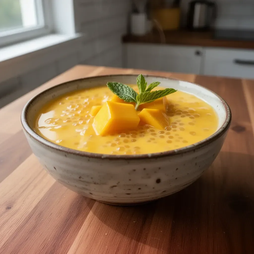 Delicious Mango Sago dessert served with fresh mango chunks and tapioca pearls.