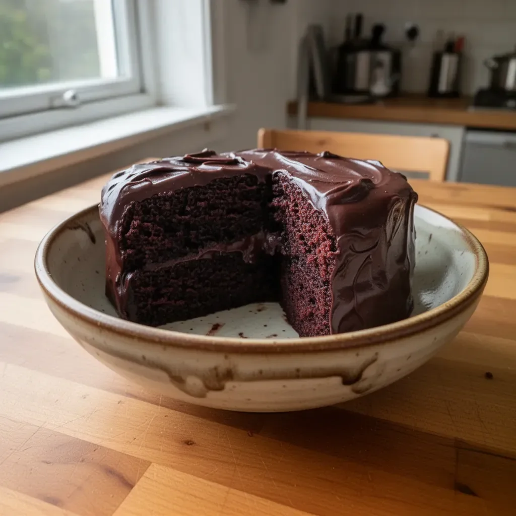 Slice of Matilda's rich chocolate cake with frosting on a white plate.