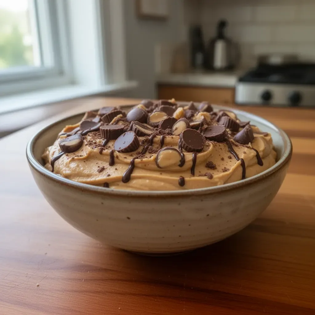 Delicious no-bake peanut butter chocolate mousse dessert topped with chocolate shavings.