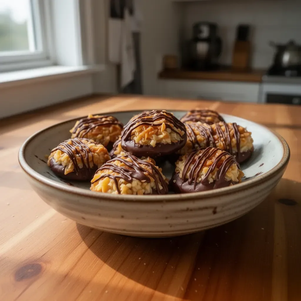 No Bake Samoa Cookies topped with chocolate and coconut on a plate