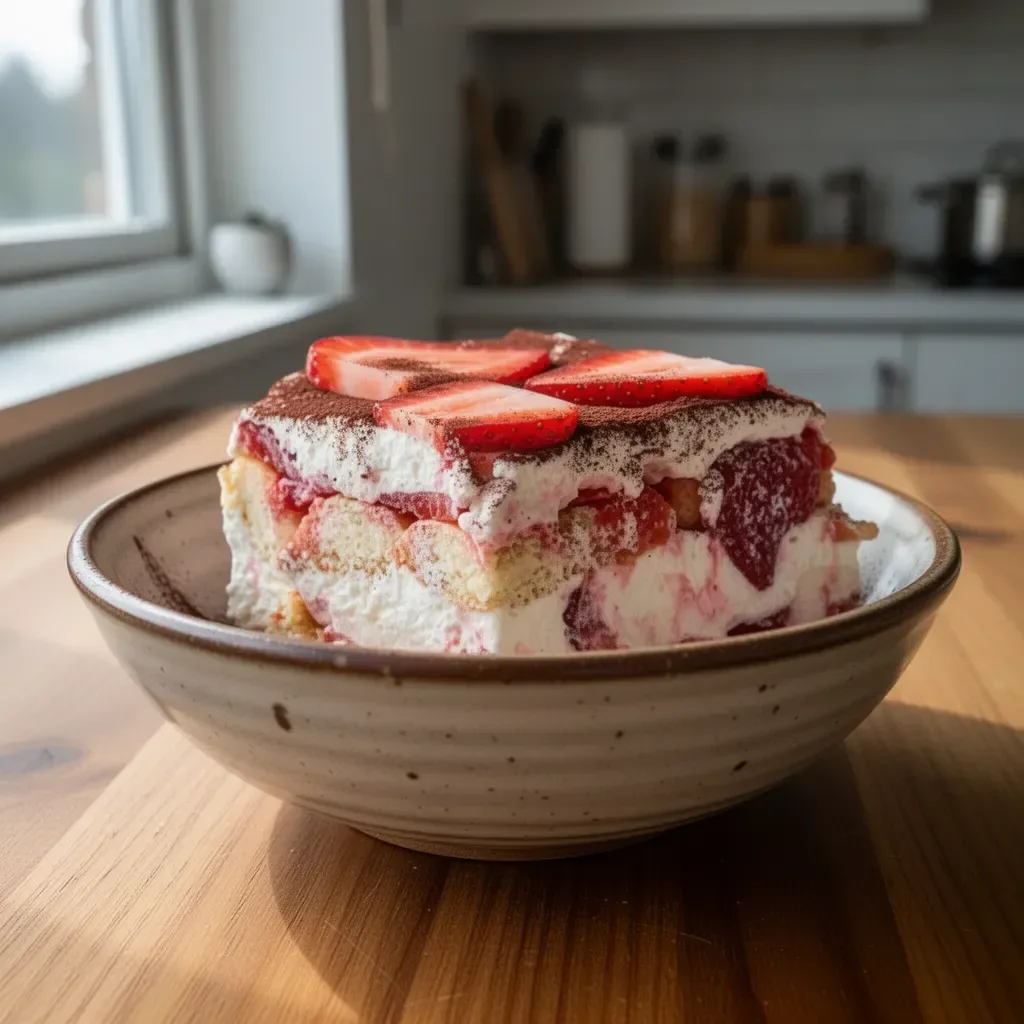 Delicious no-bake strawberry tiramisu dessert with layers of cream and strawberries