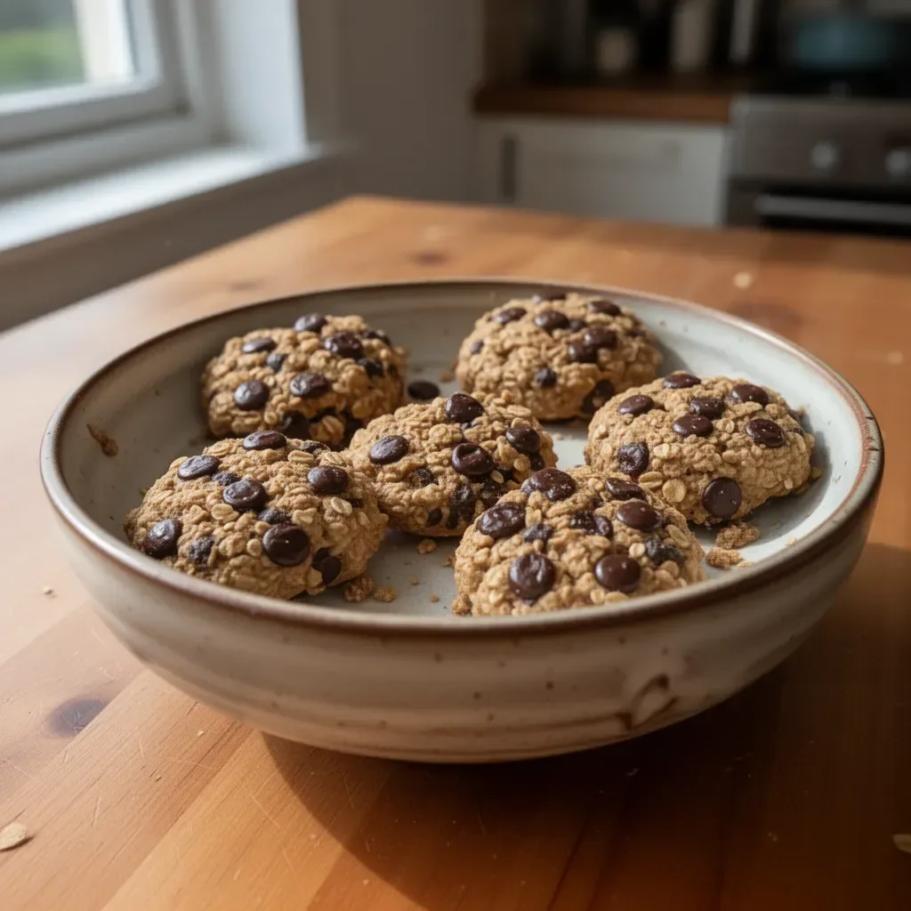 Oatmeal protein cookies with chocolate chips and nuts on a plate